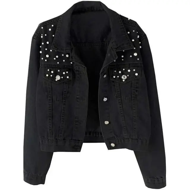 Denim Coats Women Pearls Jacket Outdoor Casual Cotton Jackets Denim Outerwear Autumn Spring Cowboy Overcoats Y2k Streetwear Coat