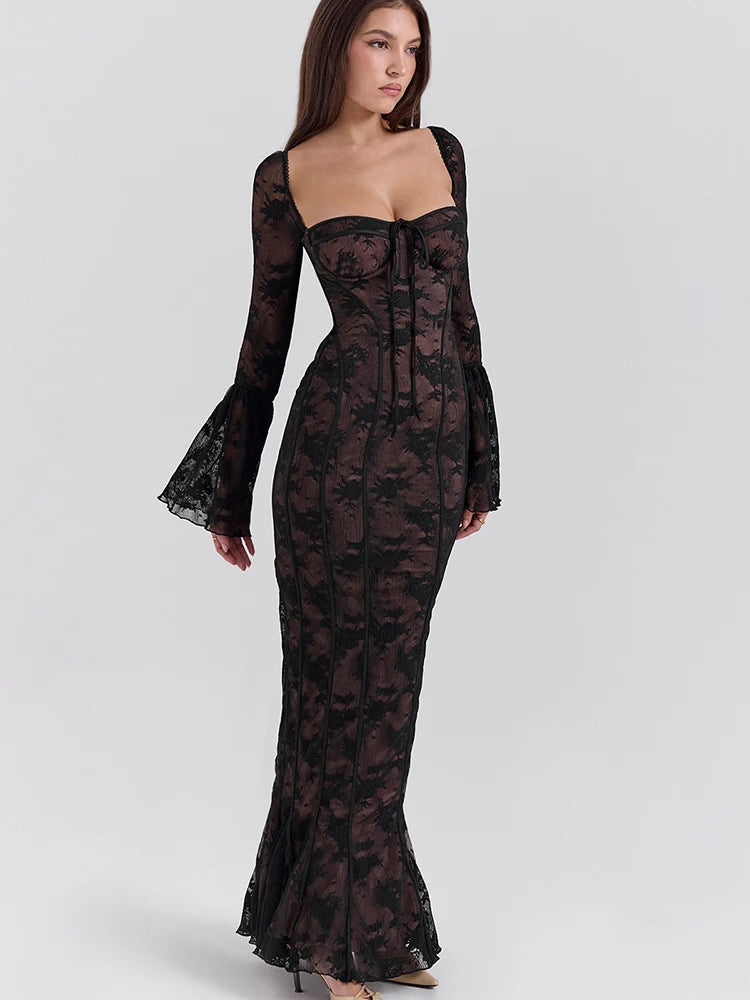 Fantoye Sexy Square Collar Maxi Dress For Women Black Long Sleeve Lace Up Dress Female Autumn Skinny Elegant Party Club Outfits