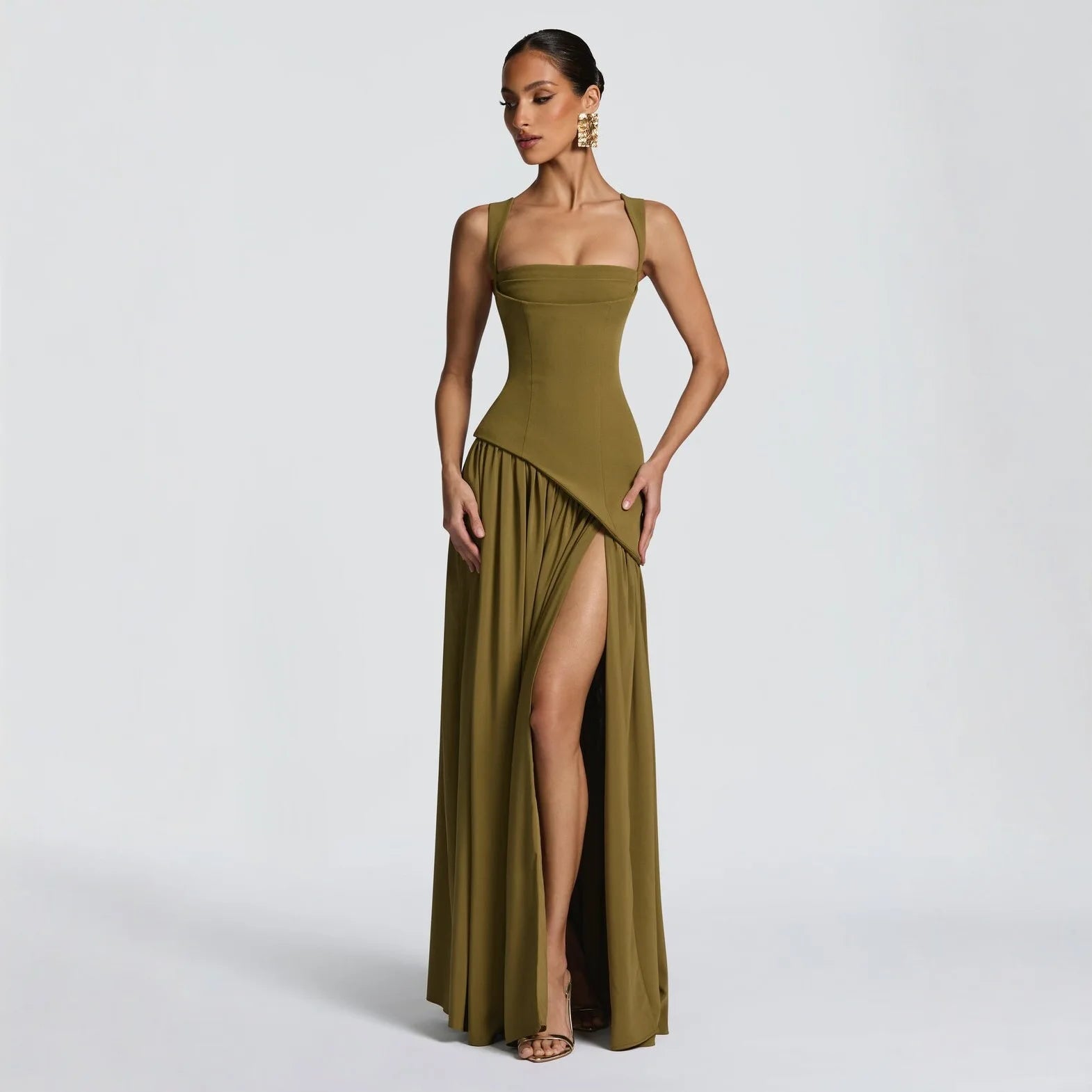 Maxi Women's Dress Elegant Green Chiffon Bodycon Party Dress with Scarf Casual Lace Up Beach Dress