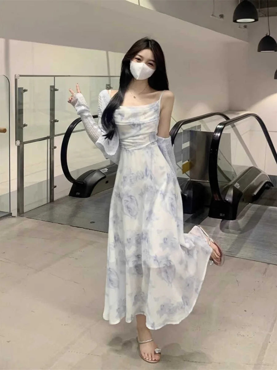 Summer Floral Print Chiffon ter Dr Set Women's Knitted Open Cardigan Outerwear Two-Piece Suit Korean Sle A-Line Skirt