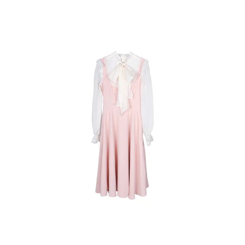 Autumn Lace Vintage Fairy Dress Women Patchwork Elegant Party Midi Dress Female Bow Korean Fashion One Piece Sweet Dress 2024