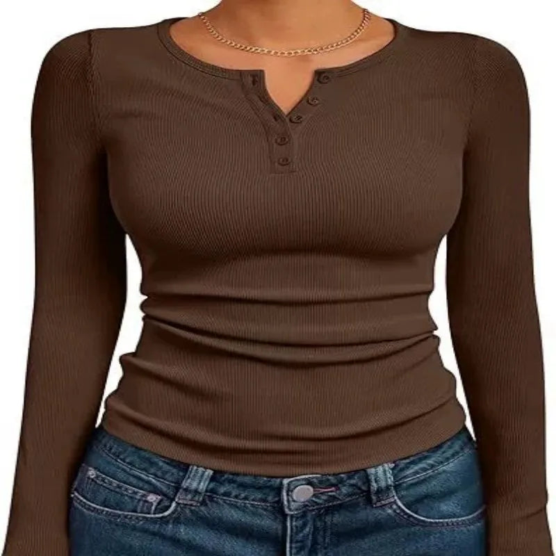 Women Fall Spring Top O Neck Button Long Sleeve Shirts Solid Color Slim Fit Pullover T-shirt Blouse Simple Style Lady Costume