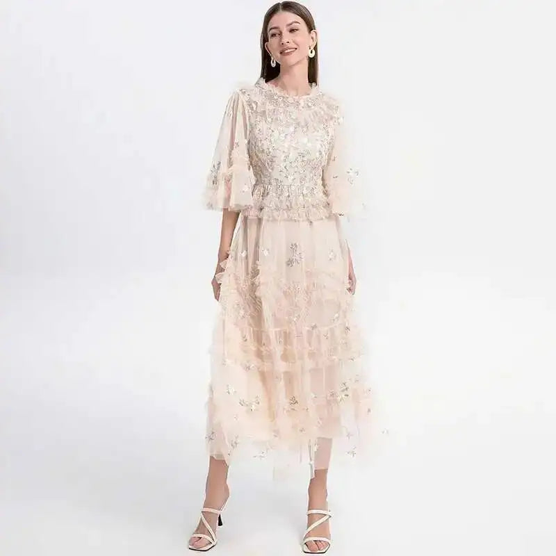 Runway Luxury Long Dresses Women 2026 Summer Holiday Embroidery Flower Ruffles Midi Party Evening Dress Lady Prom Vestidos