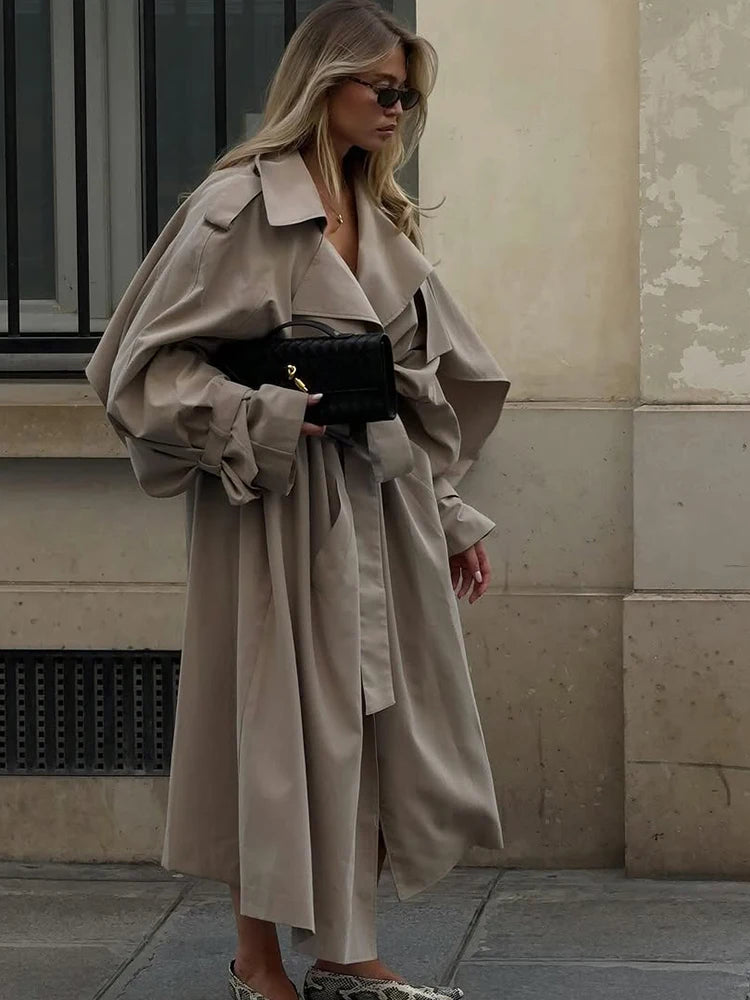 Women Lace Up Shawl Sleeve Windbreaker Fashion Solid Lapel Single Breasted Loose Trench Coat 2025 Autumn Lady Commuter Outwear