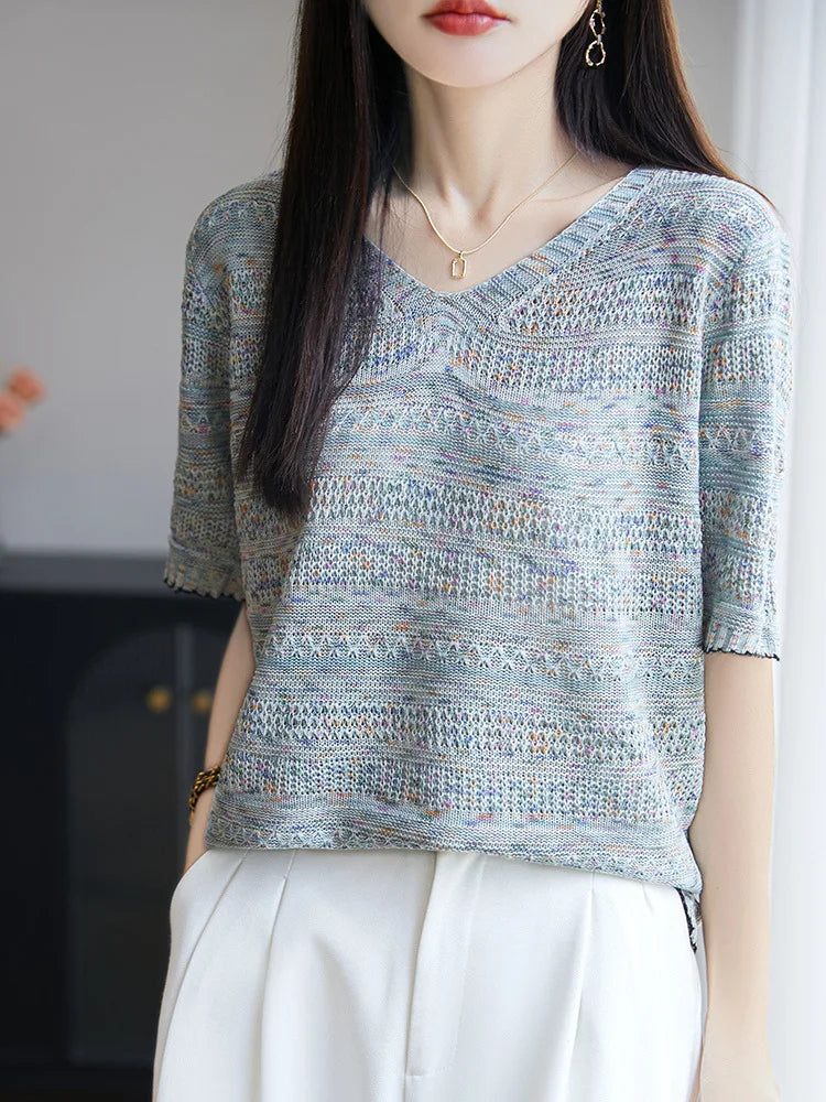 Women's Knit V-neck T-shirt Summer New Cotton Color blocked O-neck Sweater Short Sleeve Korean Loose Top Fashion Luxury Pullover