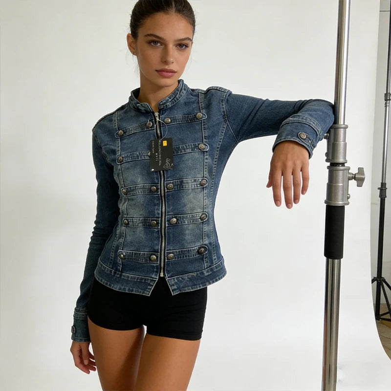 Retro Military Style Handsome Stand Collar Denim Jackets Female Double-breasted Wild Slim Short Denim Jackets Women Outerwear