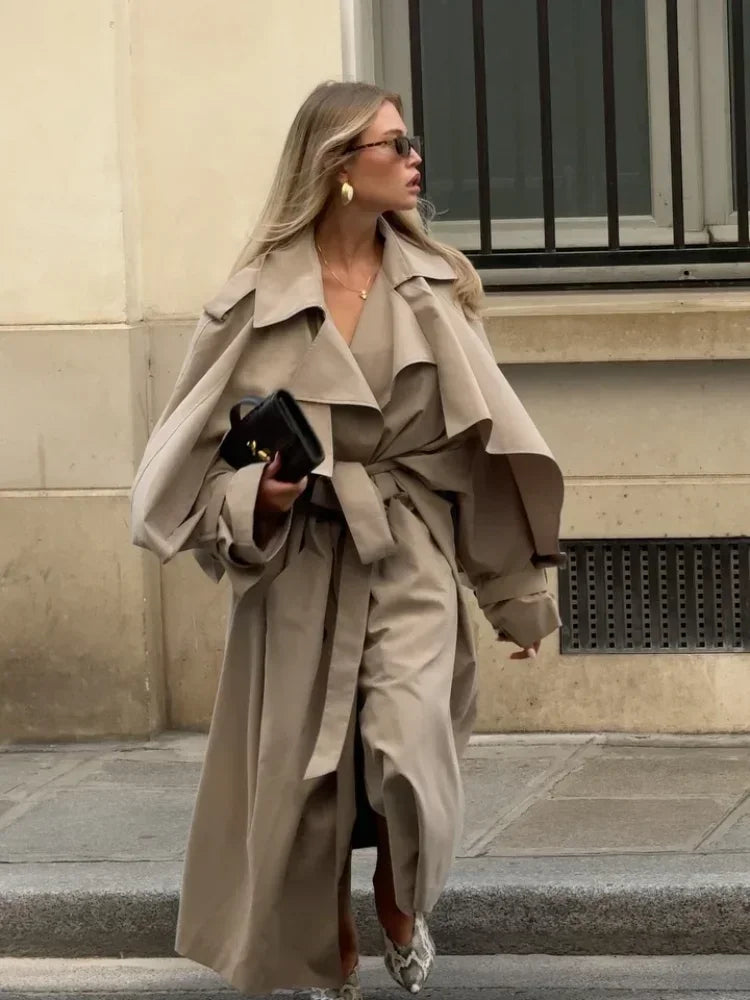 Solid Lace Up Long Trench Coat Women Chic Full Sleeves Lapel Single Breasted Loose Outerwear 2026 Lady Spring High Street Wear