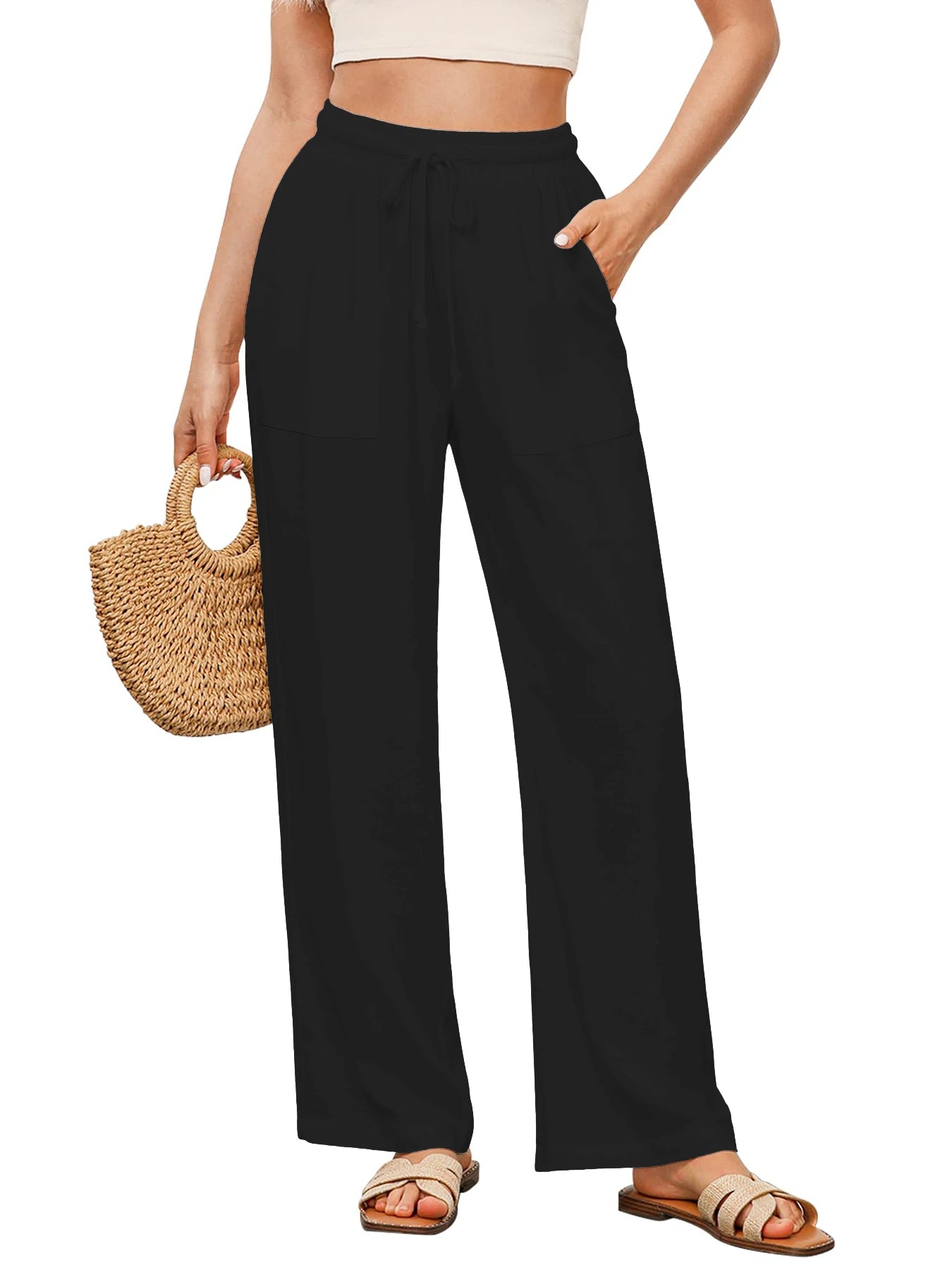 Women's Solid Color Loose Wide Leg Pants Casual Drawstring Straight Pants Pocket Casual Pants Trousers Loose High Waisted Pants