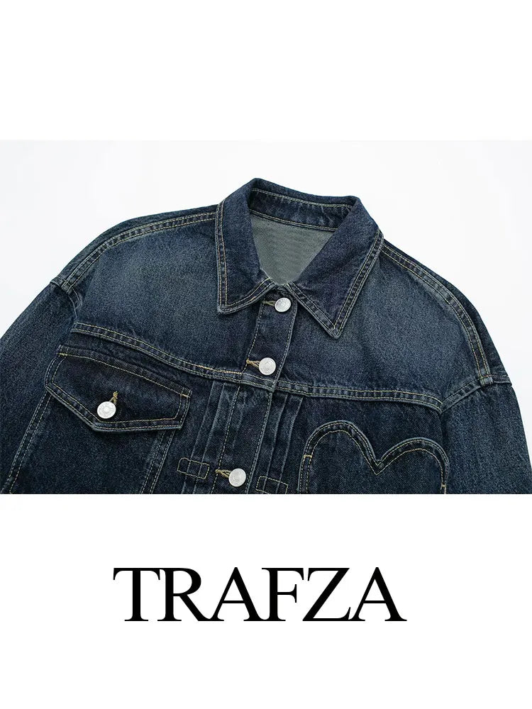HH Women Dark Blue Denim Coat Heart Pattern Outerwear Long Sleeve Single Breasted Jacket Spring Female Chic Top Coats