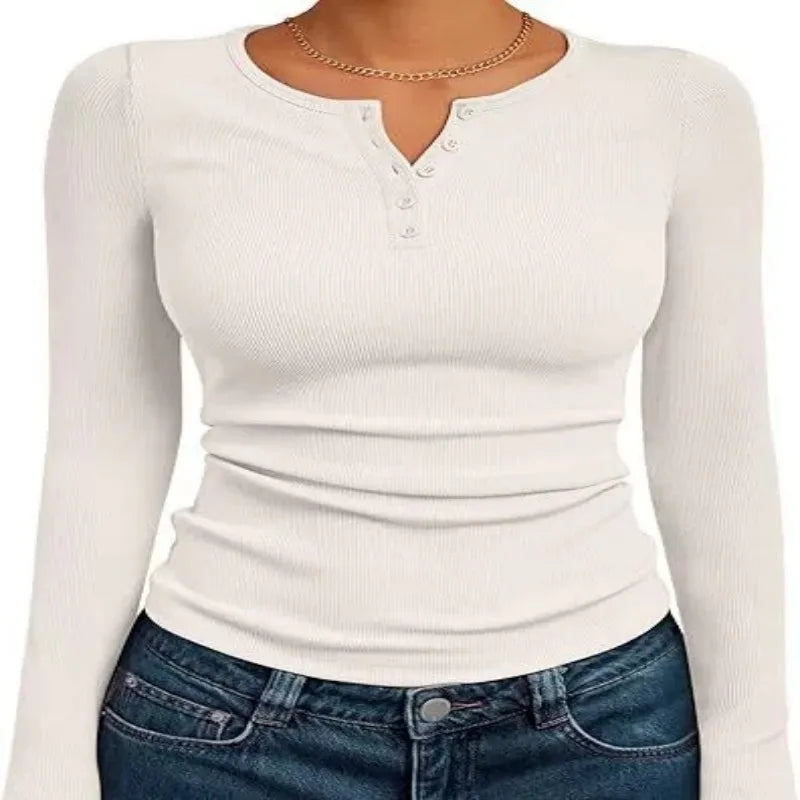 Women Fall Spring Top O Neck Button Long Sleeve Shirts Solid Color Slim Fit Pullover T-shirt Blouse Simple Style Lady Costume