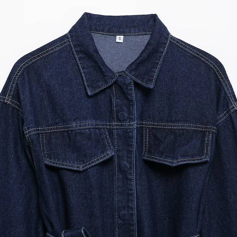 Willshela Women Fashion With Belt Denim Blue Single Breasted Jackets Vintage Lapel Neck Long Sleeves Female Chic Lady Outfits