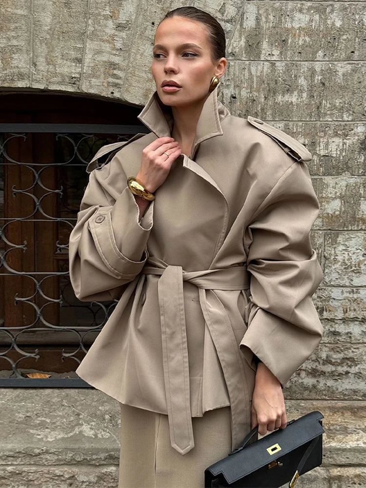 Women Lace Up Shawl Sleeve Windbreaker Fashion Solid Lapel Single Breasted Loose Trench Coat 2025 Autumn Lady Commuter Outwear