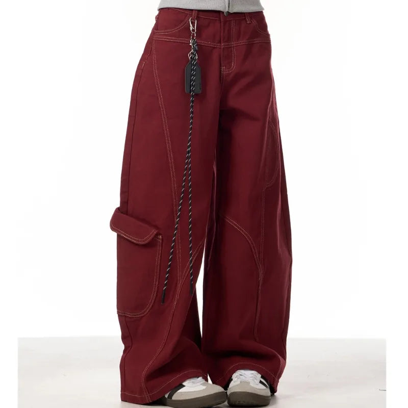 Cargo Red Casual Jeans Womens Workwear Pants Loose Straight Wide Leg Trousers Spring Korean Style Lazy Comfortable Chic