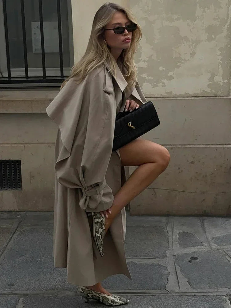 Solid Lace Up Long Trench Coat Women Chic Full Sleeves Lapel Single Breasted Loose Outerwear 2026 Lady Spring High Street Wear