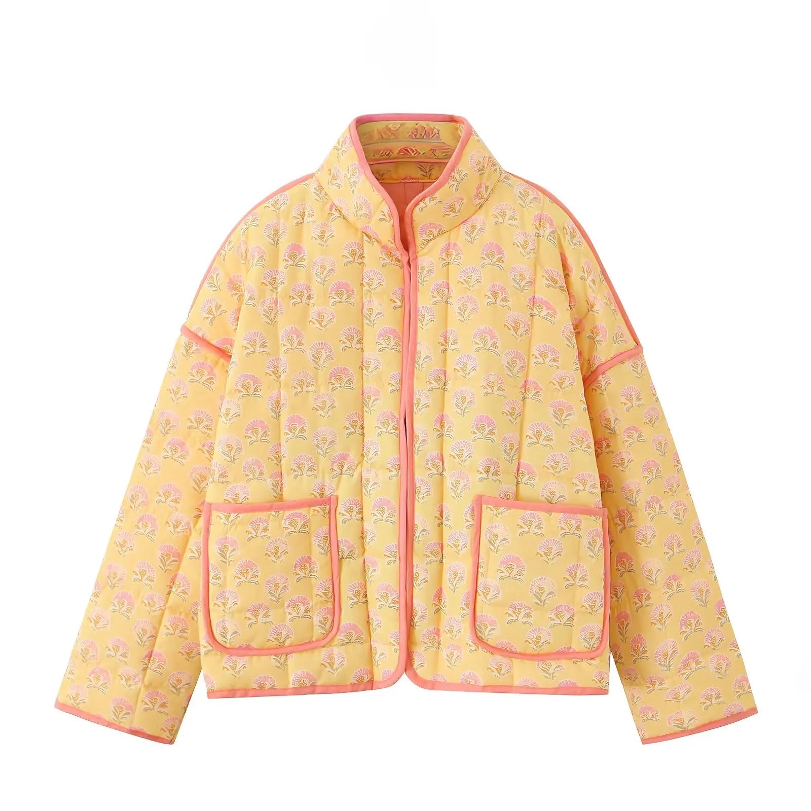 Print Quilted Cotton Jacket Women Fashion Long Sleeved High Neck Coats Female Single Breasted Loose Coat Autumn New Outerwear