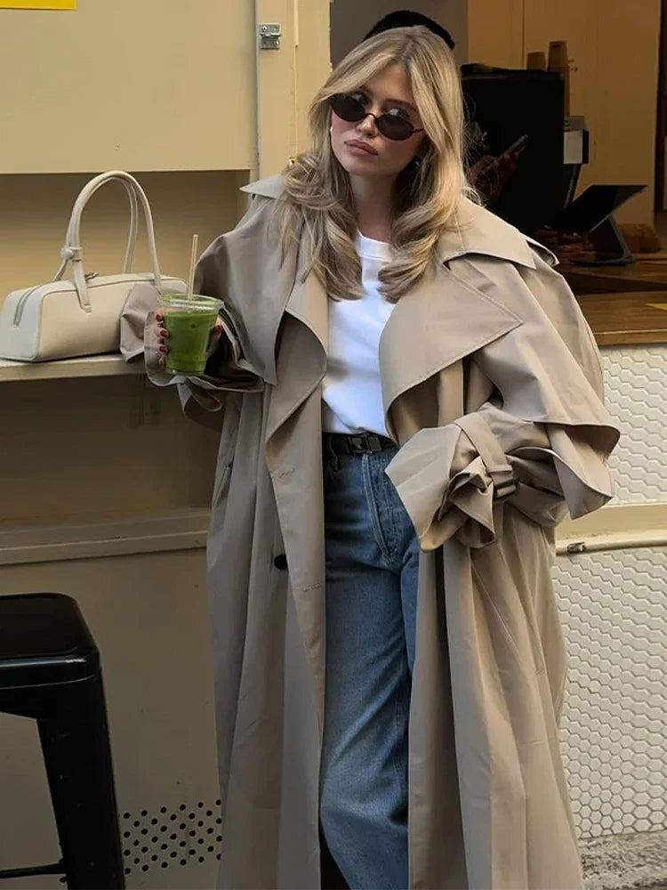 Solid Lace Up Long Trench Coat Women Chic Full Sleeves Lapel Single Breasted Loose Outerwear 2026 Lady Spring High Street Wear