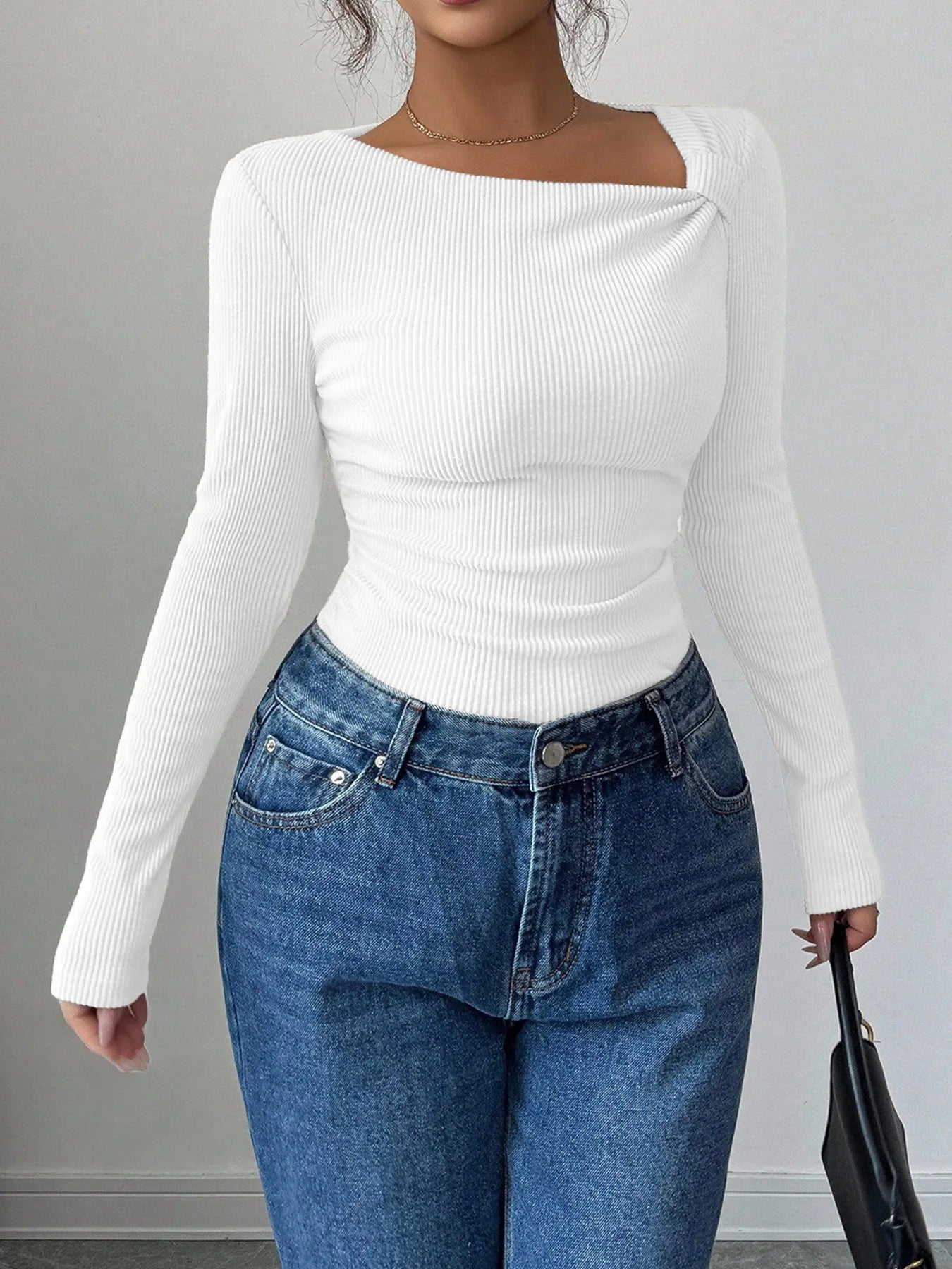 2025 Fall Winter New Fashion Women's Tops Asymmetrical Pleated Simple T-Shirt Y2k Clothing