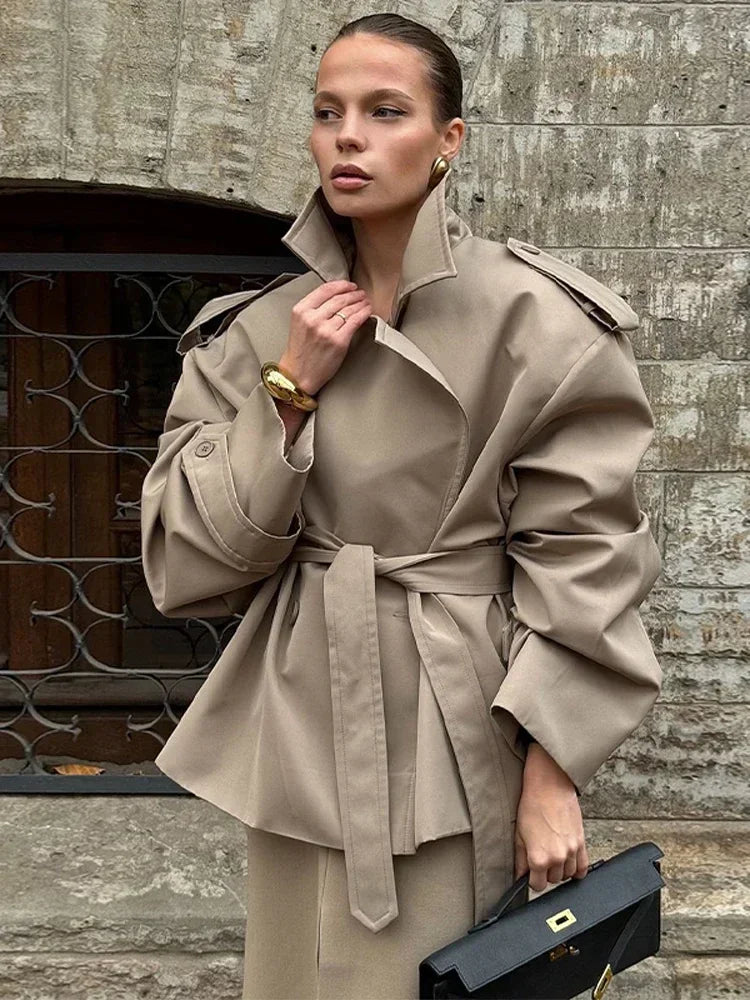 Solid Lapel Lace Up Jacket Elegant Chic Full Sleeve Button Loose Long Coat For Women 2025 New Office Lady Daily Commute Overcoat