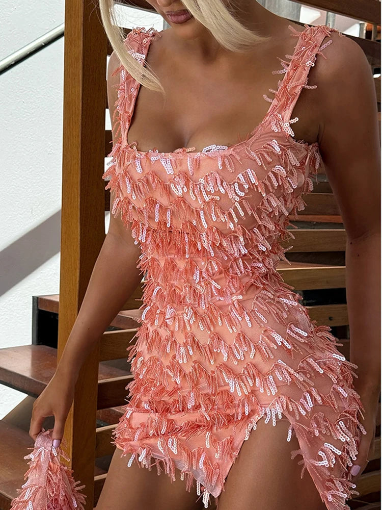 Nibber Fashion Sequins Tassel Mini Dress Women Summer New Trend Square Collar Sleeveless Backless Splits Hem Midnight Outfits