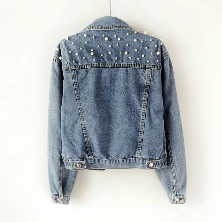 Denim Coats Women Pearls Jacket Outdoor Casual Cotton Jackets Denim Outerwear Autumn Spring Cowboy Overcoats Y2k Streetwear Coat