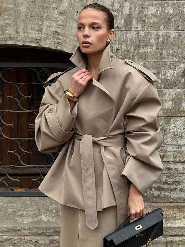 Solid Lapel Lace Up Jacket Elegant Chic Full Sleeve Button Loose Long Coat For Women 2025 New Office Lady Daily Commute Overcoat