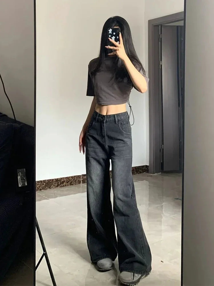 Slimming High-waisted Jeans For Women Pear-shaped Loose-fit Straight-leg Bell Bottoms Plus-size Female Denim Trousers