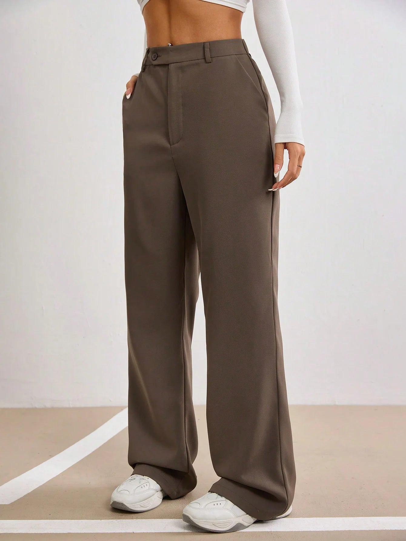 Women Brown Straight Leg Pants High Waist Wide Leg Button Fly Spring Summer Casual Commuting Office Streetwear Fashion Trousers