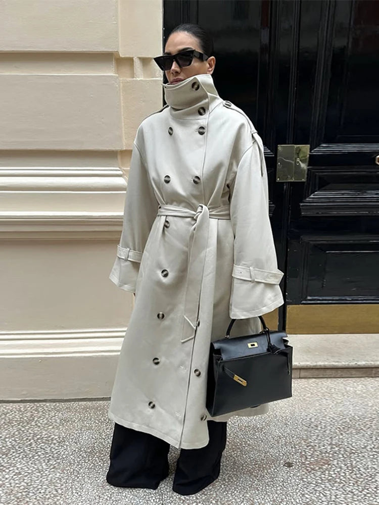 Women's Trench Coat Double Breasted Stand Collar Epaulet Lace Up Long Windbreaker Office Lady Autumn Winter Solid Slim Outerwear