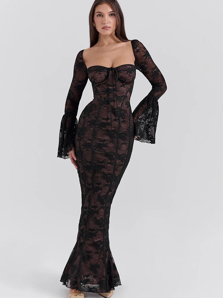 Fantoye Sexy Square Collar Maxi Dress For Women Black Long Sleeve Lace Up Dress Female Autumn Skinny Elegant Party Club Outfits