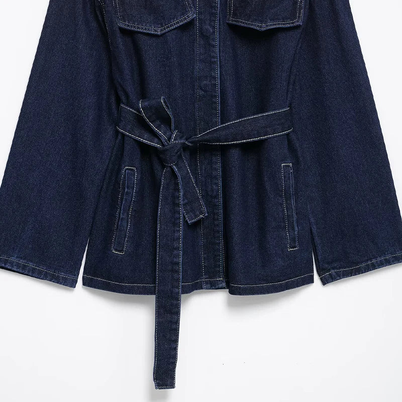 Willshela Women Fashion With Belt Denim Blue Single Breasted Jackets Vintage Lapel Neck Long Sleeves Female Chic Lady Outfits