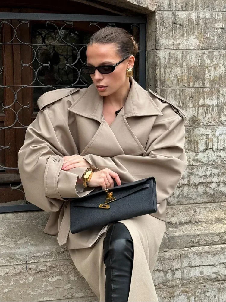 Solid Lapel Lace Up Jacket Elegant Chic Full Sleeve Button Loose Long Coat For Women 2025 New Office Lady Daily Commute Overcoat