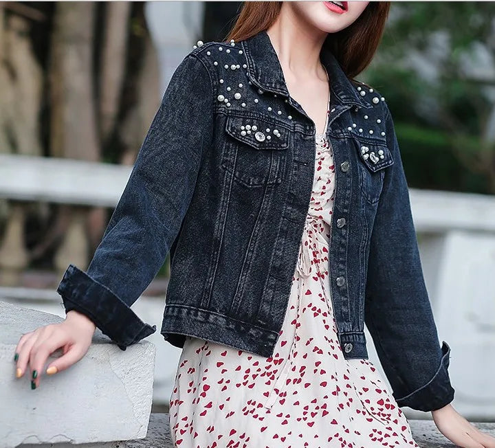Denim Coats Women Pearls Jacket Outdoor Casual Cotton Jackets Denim Outerwear Autumn Spring Cowboy Overcoats Y2k Streetwear Coat