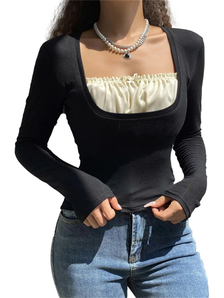 Y2k Women's Long Sleeve Knitted Tops Lace Stitching Neckline Knitwear Bowknot Decoration Slim-Fit Tshirt Pullovers Clubwear