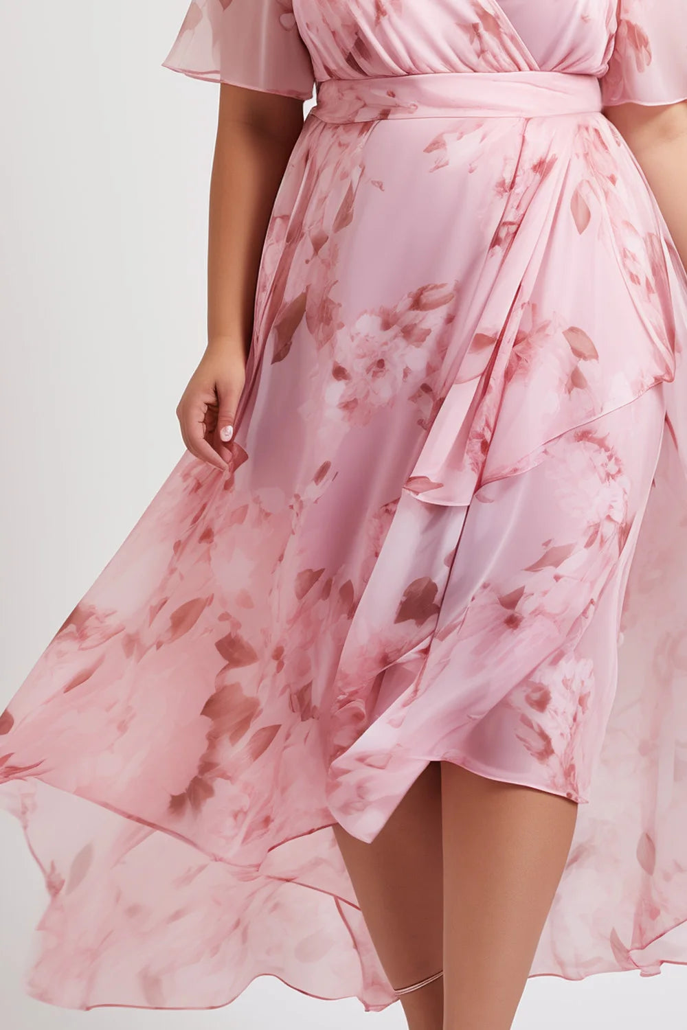 Flycurvy Plus Size Vacation Pink Chiffon Floral Print Wrap Slit Maxi Dress