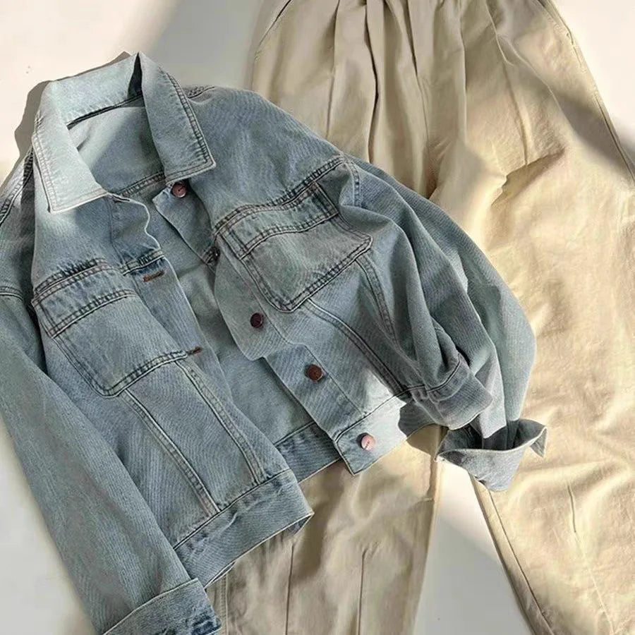30/5000 Spring and Autumn Women Thin Korean Loose Short Long-sleeved Jacket European Washed Cotton Retro Denim Jacket for Women