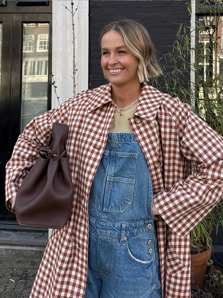 Female Plaid Long Windbreaker Fashion Chic Lapel Single Breasted Pocket Loose Jackets Lady New Daily Commuting Street Outerwear