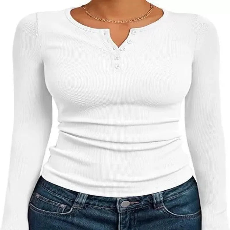 Women Fall Spring Top O Neck Button Long Sleeve Shirts Solid Color Slim Fit Pullover T-shirt Blouse Simple Style Lady Costume