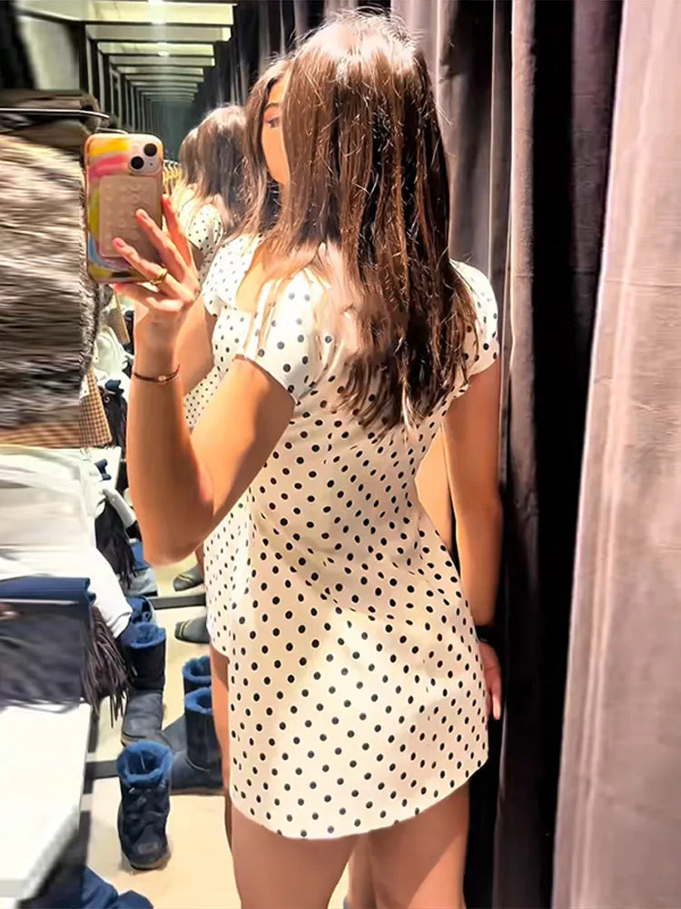 Fashion Polka Dot Mini Dress For Women Elegant Bow Tie Neck Short Sleeve Waist Slim Dress Lady 2026 Spring Summer Chic Vestidos