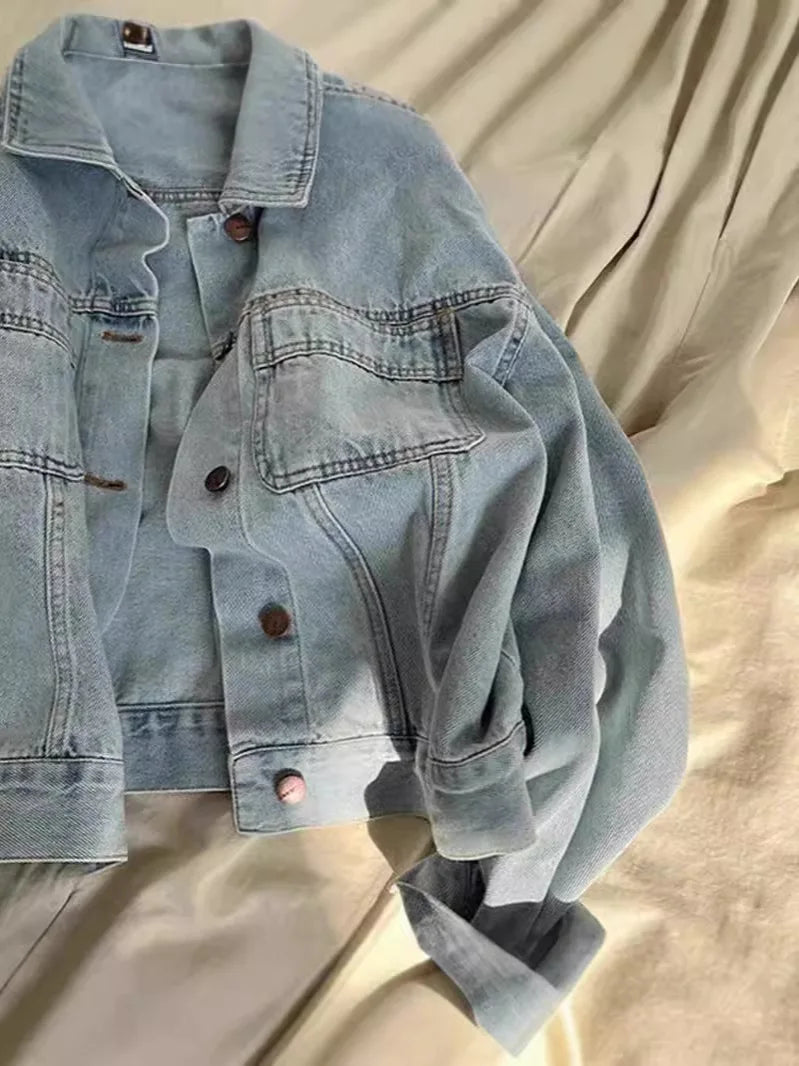 30/5000 Spring and Autumn Women Thin Korean Loose Short Long-sleeved Jacket European Washed Cotton Retro Denim Jacket for Women